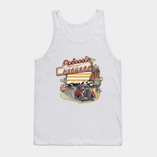 A graphic that captures the vintage vibe of a classic road trip, complete with iconic roadside attractions and retro typography. Tank Top